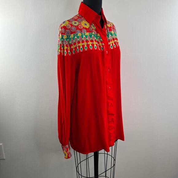 VINTAGE Gottex Red Top Floral Embroidered Collared Long Sleeve Button-Up Small S - Picture 5 of 10